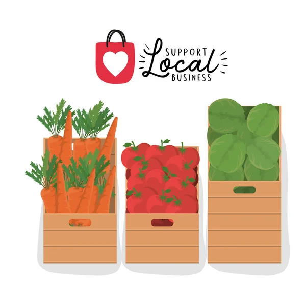 Cajas de verduras con apoyo local busines diseño de vectores — Vector de stock