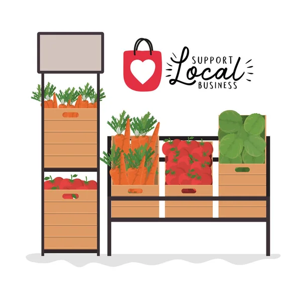 Estantes de verduras con apoyo local diseño de vectores de negocios — Vector de stock