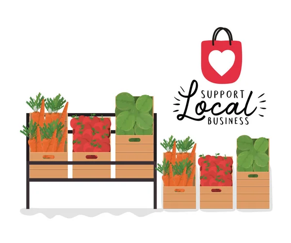 Estantes de verduras y cajas con apoyo local diseño de vectores de negocios — Vector de stock