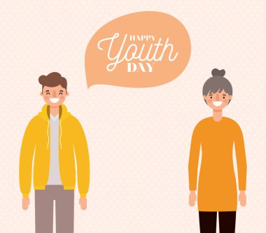 Kadın ve erkek çizgi filmleri mutlu gençlik günü vektör tasarımına gülümsüyor.