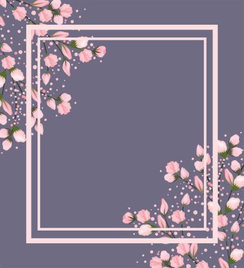 Gri arkaplan vektör tasarımı çerçeveli pembe çiçek dalları