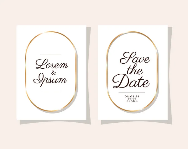 Two wedding invitations with gold frames vector design — Stock Vector