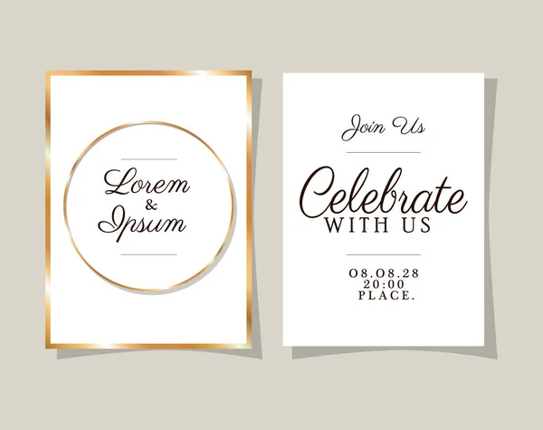 Twee bruiloft uitnodigingen met gouden frames vector ontwerp — Stockvector