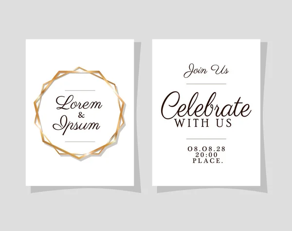 Twee bruiloft uitnodigingen met gouden frames vector ontwerp — Stockvector