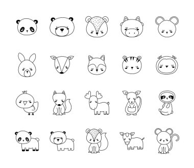 Sevimli hayvanlar çizgi film çizim biçimi simgeleri koleksiyon vektör tasarımı