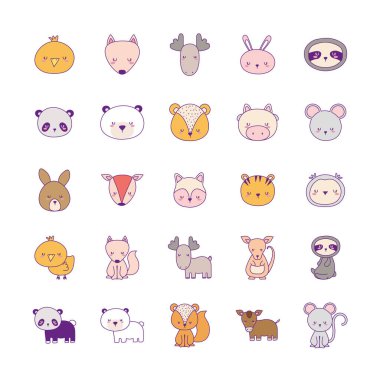 Sevimli hayvan çizgi film çizgileri ve biçim simgeleri grup vektör tasarımı