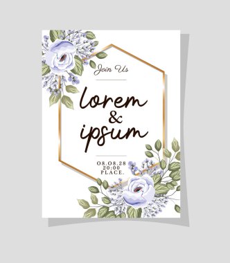 Altın çerçeveli düğün davetiyesi gül çiçekleri ve vektör tasarımı bırakır