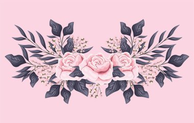 Yaprak boyama vektör tasarımlı pembe gül çiçekleri