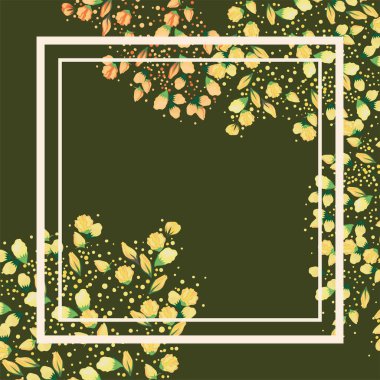 Sarı çiçek dalları yeşil arkaplan vektör tasarımında çerçeve ile boyama