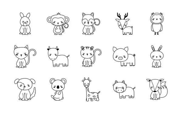 Lindos animales dibujos animados línea estilo conjunto de iconos vector de diseño — Archivo Imágenes Vectoriales