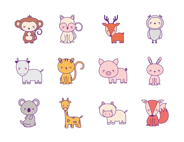 Lindos animales línea de dibujos animados y el estilo de relleno iconos de diseño de vectores — Vector de stock