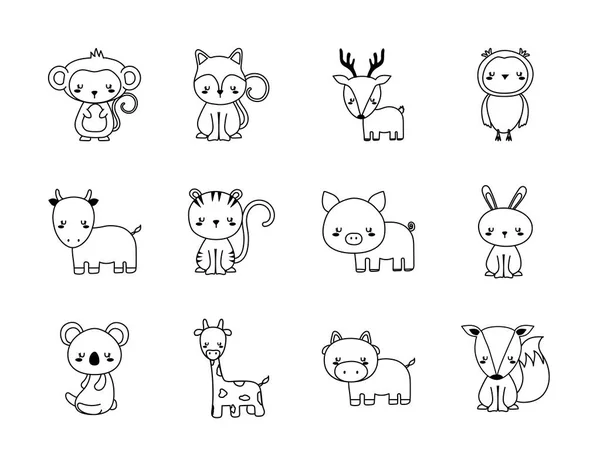 Lindos animales dibujos animados línea estilo conjunto iconos vector de diseño — Archivo Imágenes Vectoriales