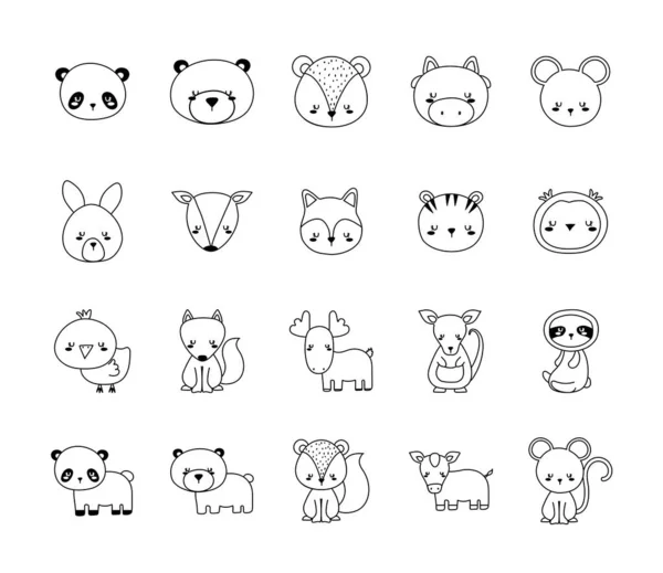 かわいい動物の漫画ラインスタイルのアイコンのコレクションベクトルデザイン — ストックベクタ