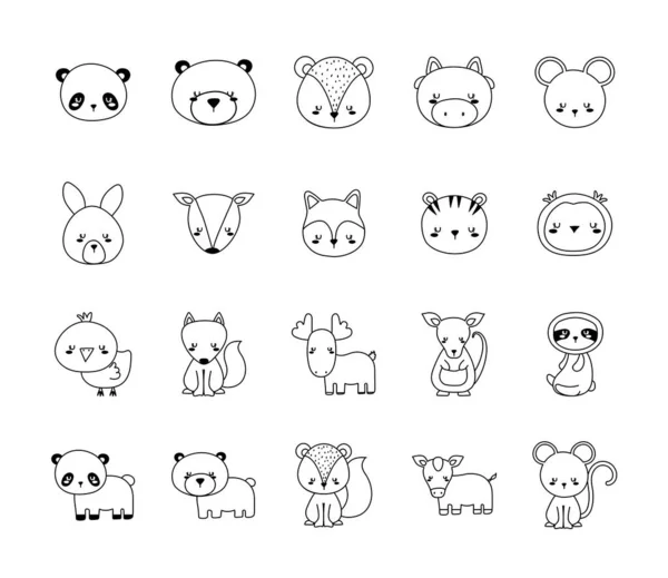 Animais bonitos desenhos animados linha estilo ícones coleção vetor design — Vetor de Stock