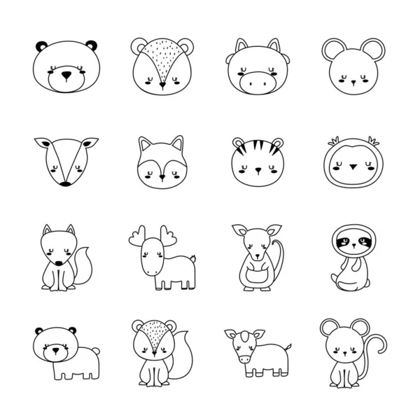 Línea estilo icono conjunto de animales lindos vector de diseño — Archivo Imágenes Vectoriales