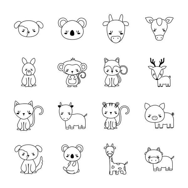Söta djur karikatyrer linje stil samlingar ikoner vektor design — Stock vektor