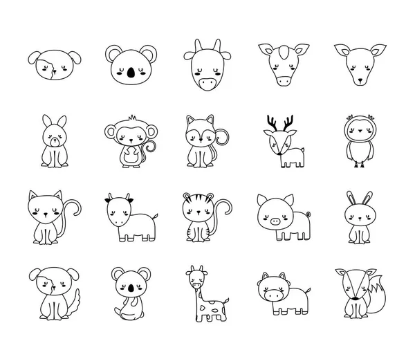 Lindos animales dibujos animados línea estilo paquete de iconos vector de diseño — Archivo Imágenes Vectoriales