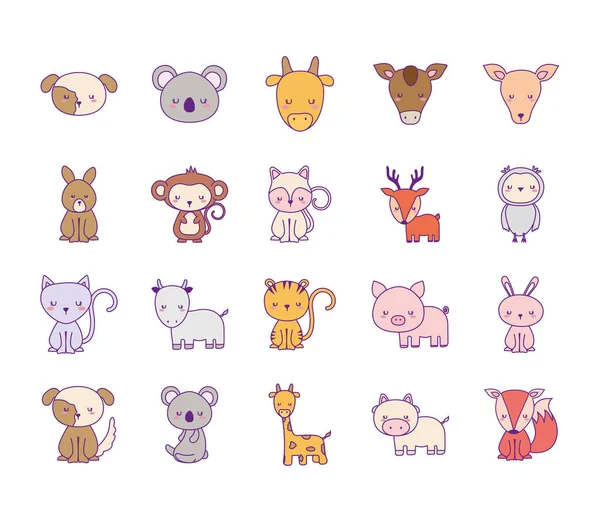 Lindos animales línea de dibujos animados y relleno paquete de estilo de iconos de diseño de vectores — Vector de stock