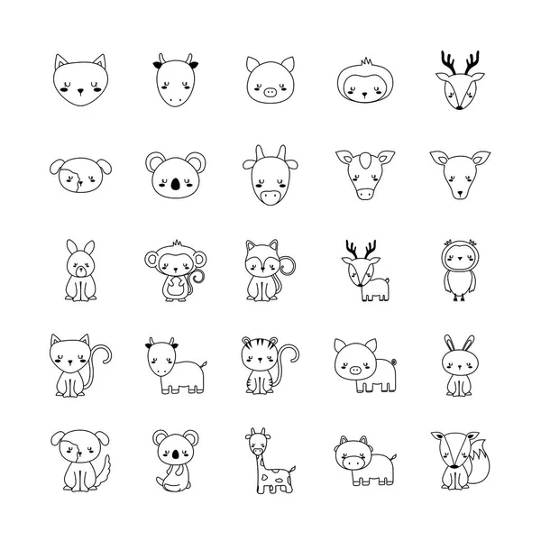 Animales lindos dibujos animados línea estilo icono conjunto vector diseño — Archivo Imágenes Vectoriales