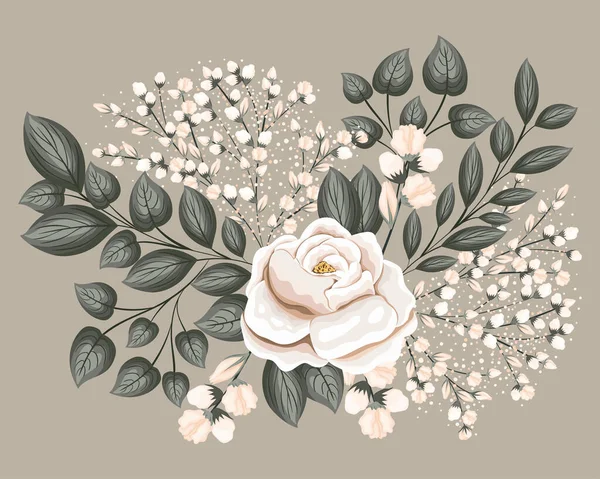 Fleur de rose blanche avec des feuilles peinture vectorielle design — Image vectorielle