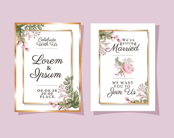 Twee bruiloft uitnodigingen met gouden frames roze bloemen en bladeren vector ontwerp — Stockvector