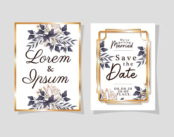 Twee bruiloft uitnodigingen met gouden frames bloemen en bladeren vector ontwerp — Stockvector