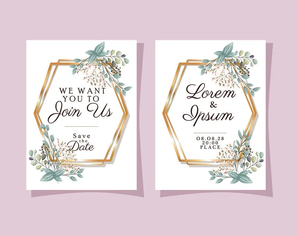 Twee bruiloft uitnodigingen met gouden frames bloemen en bladeren vector ontwerp — Stockvector