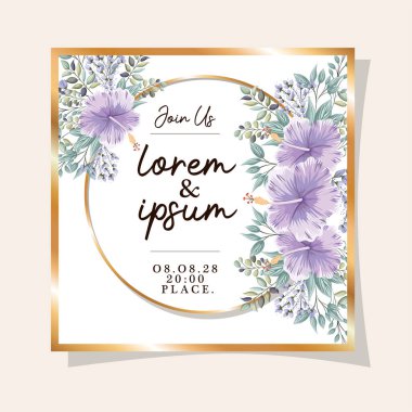 Altın çerçeveli düğün davetiyesi Hawai çiçekleri ve vektör tasarımı bırakır