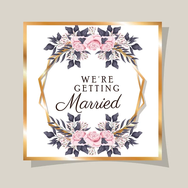 Invito di nozze con cornice in oro fiori rosa e foglie disegno vettoriale — Vettoriale Stock