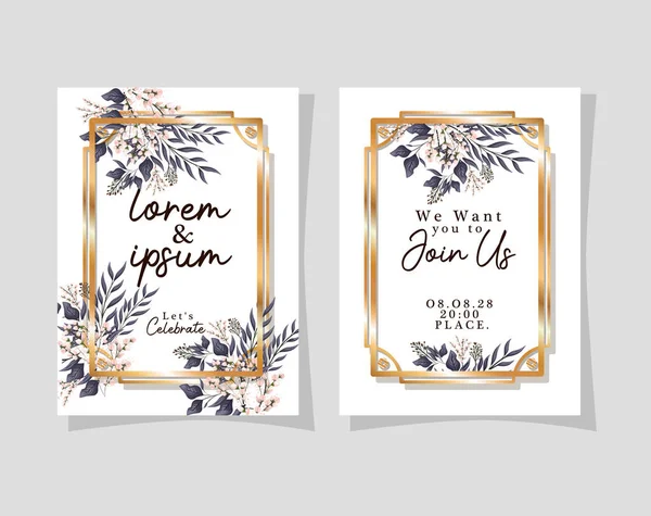 Zwei Hochzeitseinladungen mit goldenen Rahmen Blumen und Blätter Vektor-Design — Stockvektor