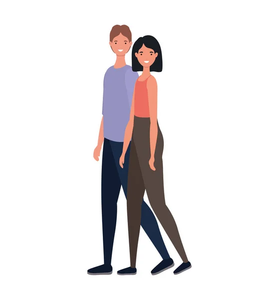 Woman and man avatars cartoons walking vector design — Stock Vector