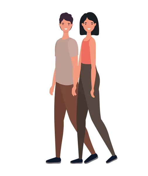 Isoliertes Paar von Frau und Mann Avatare Cartoons Walking Vector Design — Stockvektor
