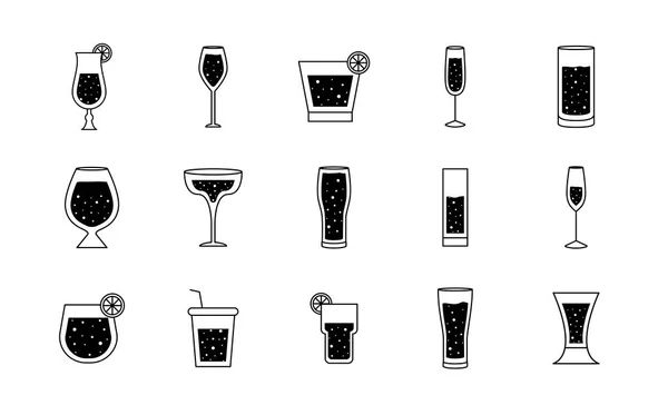 Cócteles vasos tazas silueta estilo conjunto de iconos diseño vectorial — Archivo Imágenes Vectoriales