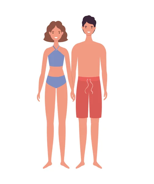 Mädchen und Jungen Cartoons mit Bikini und rotem Kurzvektordesign — Stockvektor