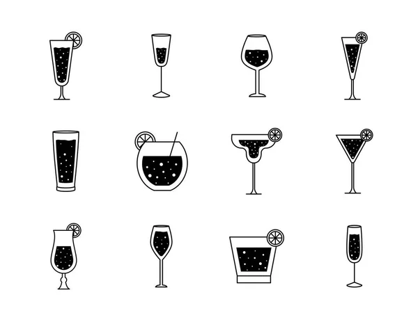 Cocktails copos copos silhueta estilo conjunto ícones vetor design — Vetor de Stock