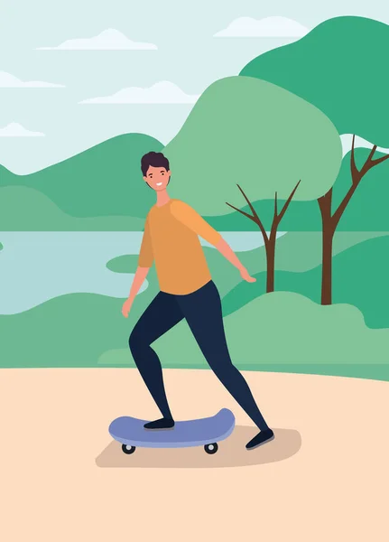 공원 벡터 설계의 스케이트보드 위에 있는 인간 만화 — 스톡 벡터