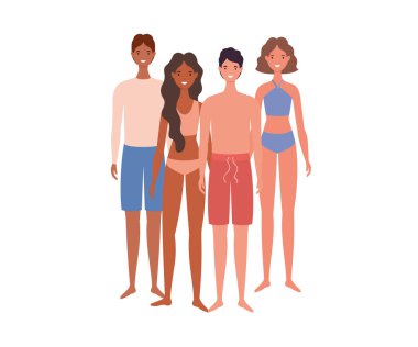 Kızlar ve oğlanlar mayolu vektör tasarımlı karikatürler