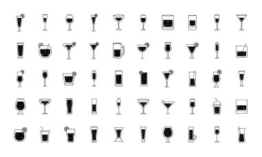 Kokteyl bardakları siluet stili 50 simge vektör tasarımı