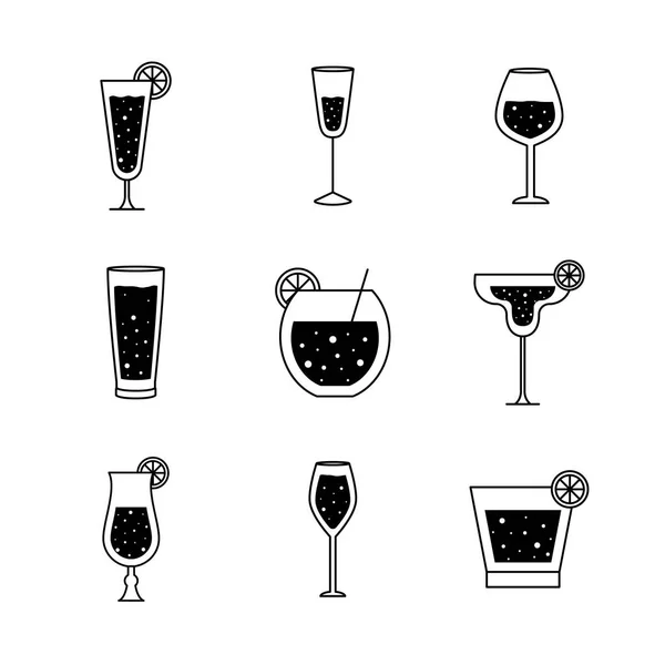 Cocktails verres tasses silhouette style icône set vectoriel design — Image vectorielle