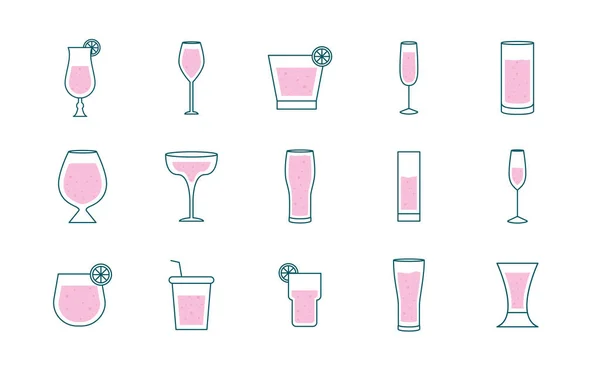 Cocktails glasses cups line and fill style set of icons vector design — Stock Vector