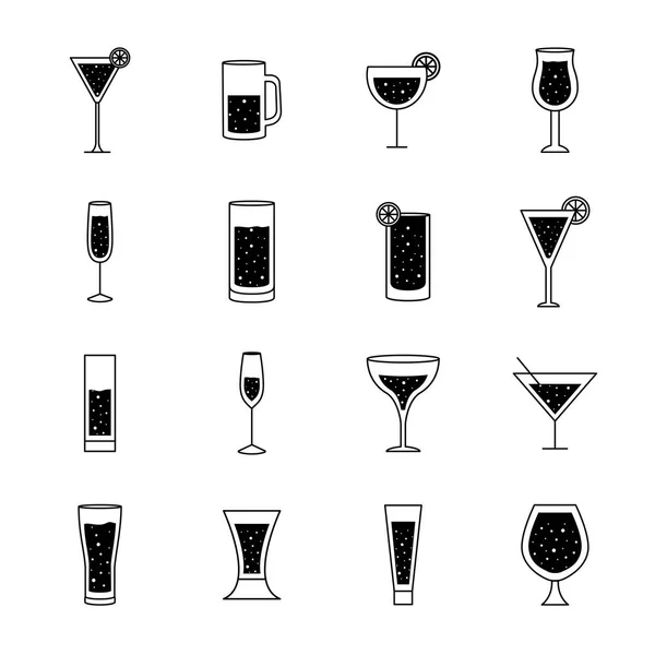 Cocktails glasses cups silhouette style icons collection vector design — Stock Vector