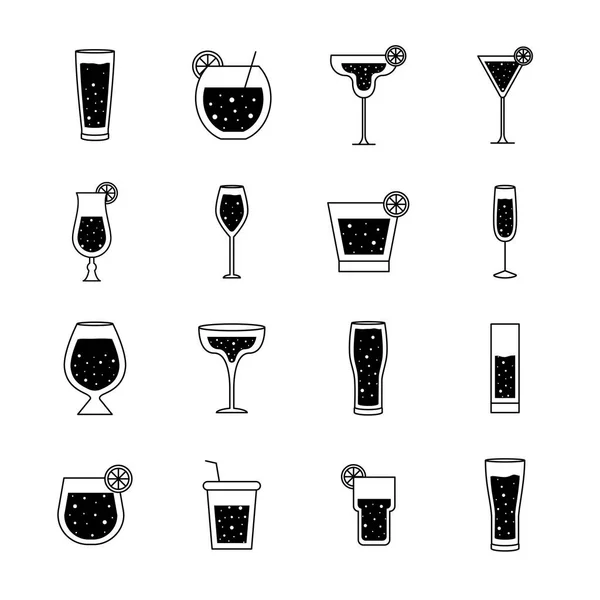 Cocktails copos copos silhueta estilo coleção de ícones design vetorial — Vetor de Stock