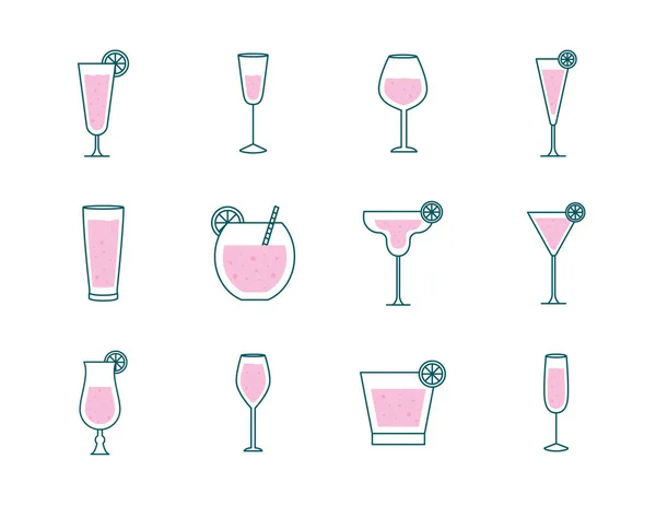 Cocktails copos copos linha e estilo de preenchimento conjunto ícones design vetorial — Vetor de Stock