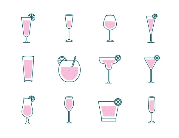 Cócteles vasos tazas línea y estilo de relleno iconos de diseño de vectores — Vector de stock