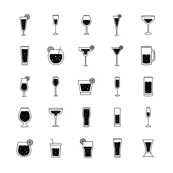 Cocktails glasses cups silhouette style icons group vector design — Stock Vector