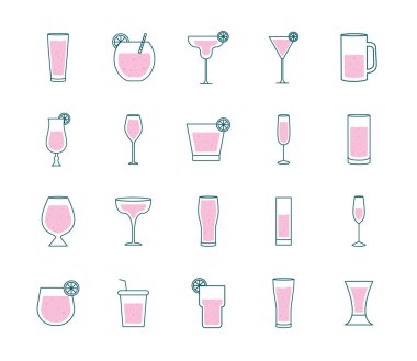 Kokteyl bardakları hattı ve simge vektör tasarımı demetini doldurur