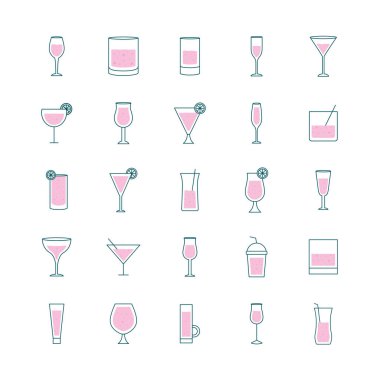 Kokteyl bardakları hattı ve doldurma biçim sembolleri vektör tasarımı ayarla