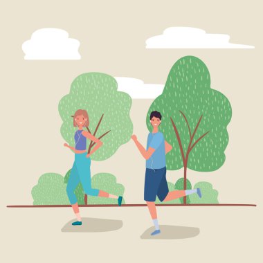 Kadın ve erkek karikatürleri park vektörü tasarımında çalışıyor