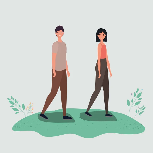 나뭇잎 벡터 디자인을 하고 걷고 있는 남녀 만화 — 스톡 벡터
