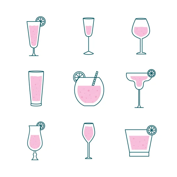 Cocktails glasses cups line and fill style icon set vector design — Stock Vector